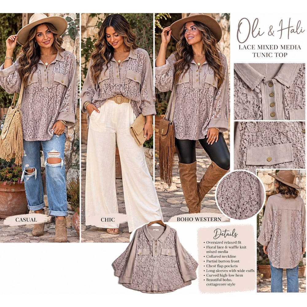 Oli & Hali Lace Mixed Media Tunic Top Oversized Waffle Knit Boho Mauve L/XL